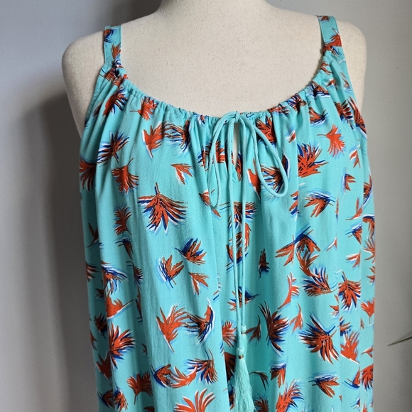 CAbi, New, Aqua/Orange Palm Leaf Tie Front Tassel Tank Blouse Top, Size Large - Picture 3 of 11